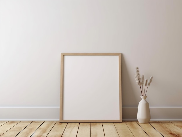 Blank picture frame against a white wall with a vase of flowers