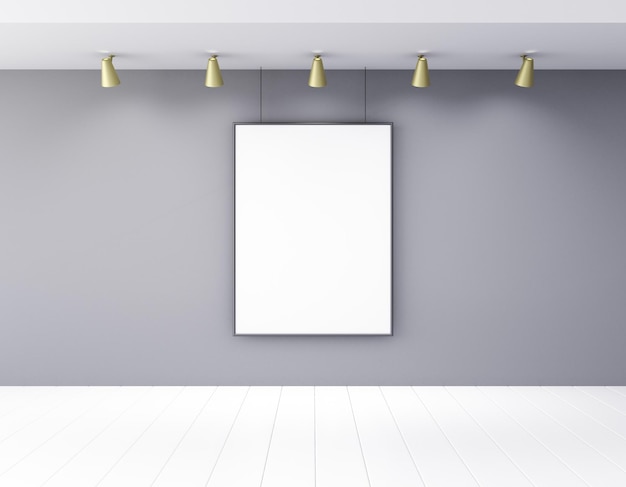 Blank picture frame in empty room with lamps and white wooden floor mock up