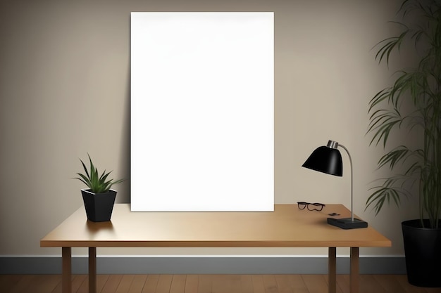 A blank picture frame is on a wall next to a plant and a lamp.