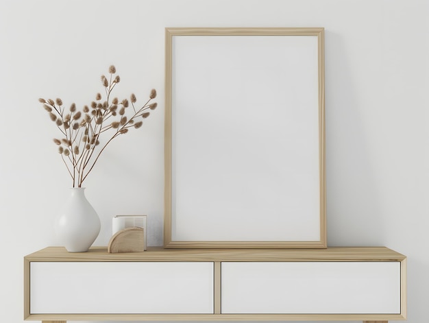 Photo blank picture frame mockup stands next to wooden cabinets in a white room