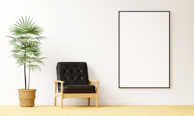 Blank picture frame mockup in the white modern interior living room with wood chair minimal style 3D rener illustration