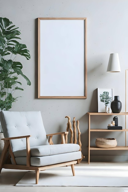 Blank picture frame mockup on white wall Modern living room design