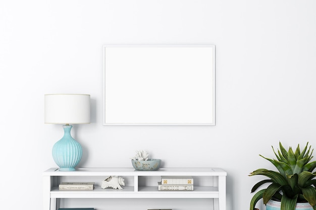 Blank picture frame mockup on a white wall