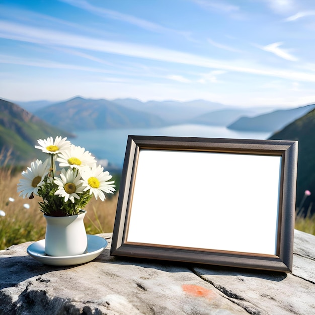 Photo blank picture frame on a mountaintop with a vase of daisies