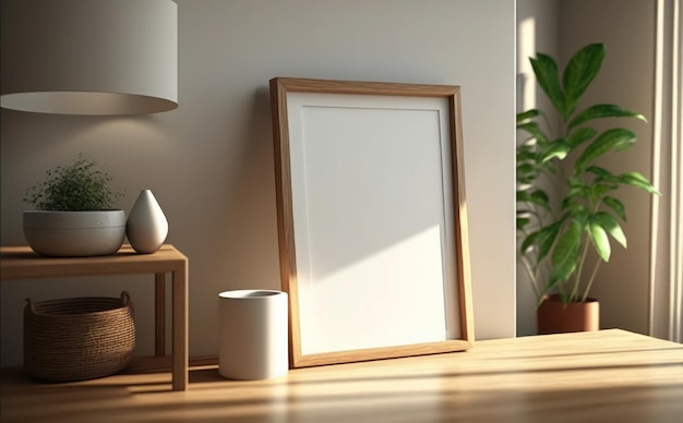 A blank picture frame sits on a table in a living room.