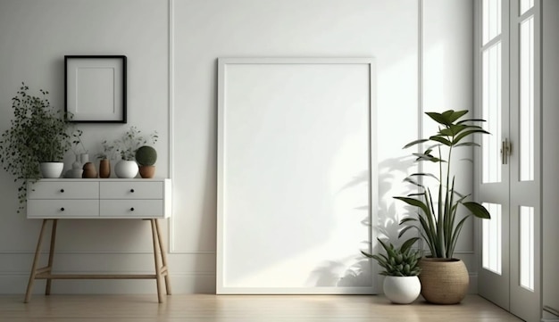 A blank picture frame sits on a white wall next to a plant.