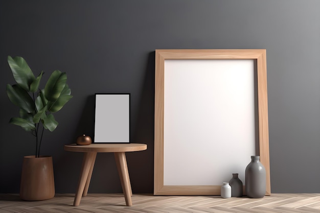 A blank picture frame sits on a wooden table next to a plant