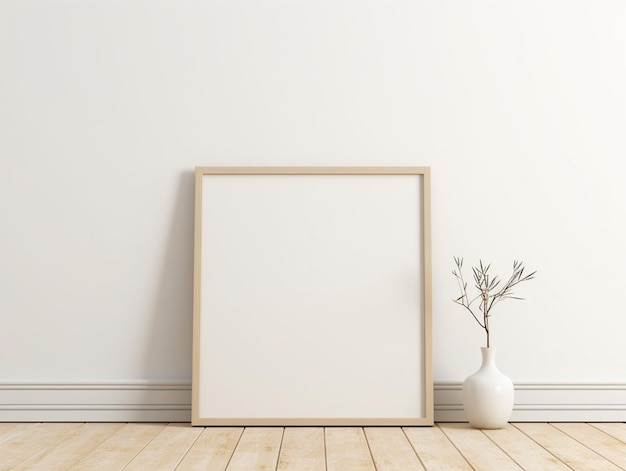 A blank picture frame next to a vase with a plant on the floor