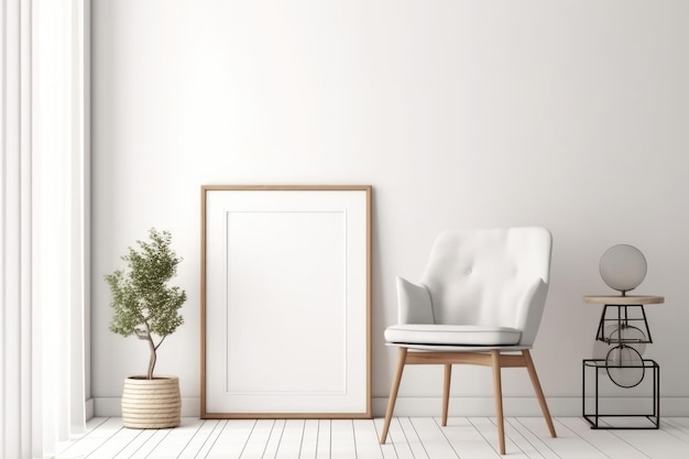 Blank picture frame on a white wall View of modern style interior with chair