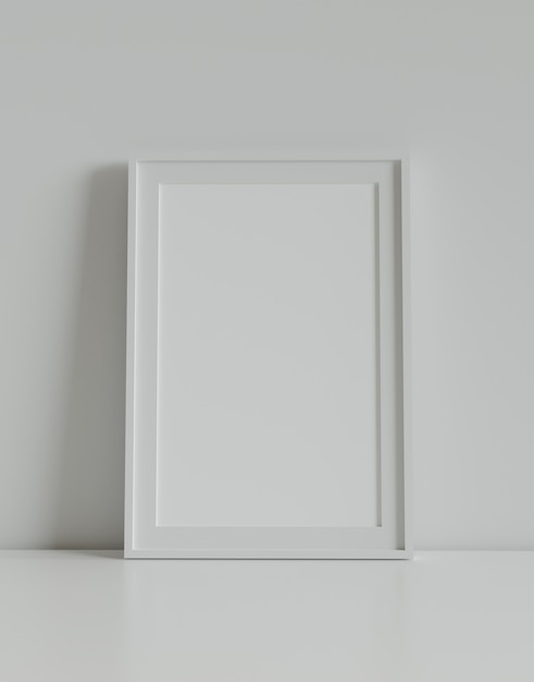 Blank picture frame with table and wall background. 3D rendering.