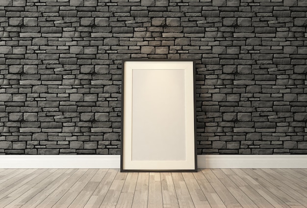 Blank picture frames with black natural brick wall and wooden parquet decor background template