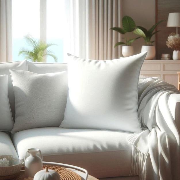 Photo blank pillow complements the modern decor of the living room