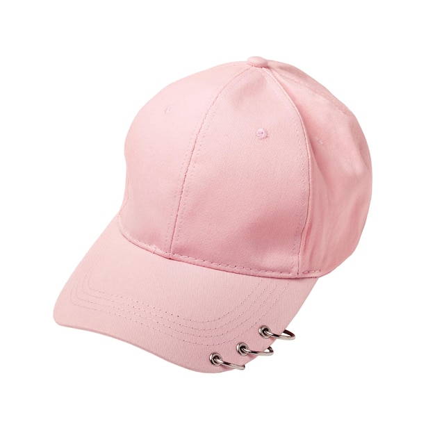 Blank pink baseball cap with rings isolated on white.