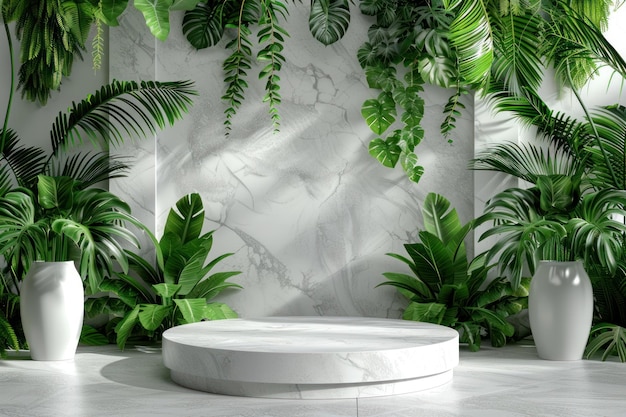 blank podium design with green leaves background for product display