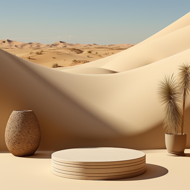 Blank podium on sand with sunshade and shadow on the background