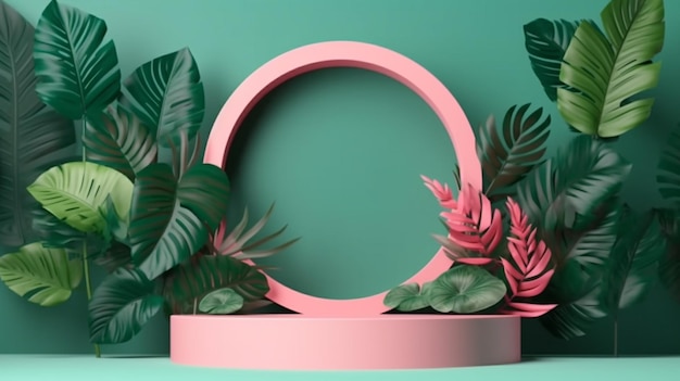 blank podium with floral decoration on color background for cosmetics and product generative AI