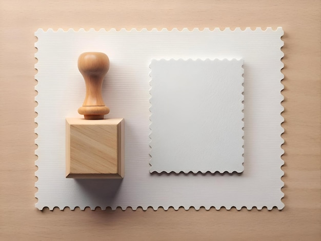 Photo a blank postage stamp with a wooden rubber stamp perfect for crafting scrapbooking or adding a vintage touch to your designs