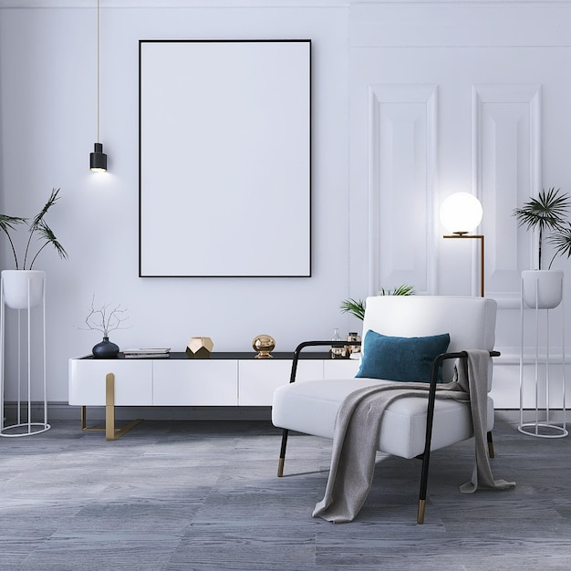 Blank poster frame mockup in minimal living room interior with sofa media unit floor lamp