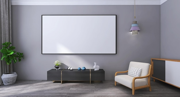 Blank Poster Frame Mockup in Modern Living Room Interior Design Scene