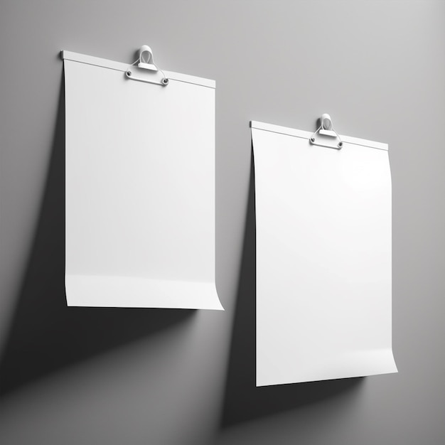 Blank posters hanging with shadows, Hanging white paper on binders, A4 , mockup, sheet on wall