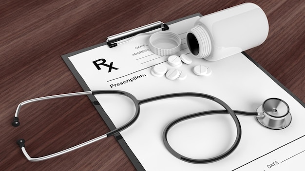 Blank prescription form with bottle of pills and stethoscope on wooden desktop