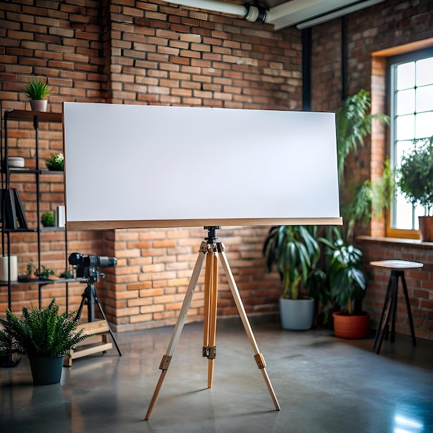 Blank presentation board on a wooden tripod in a loft studio setting