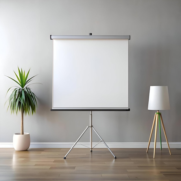 Blank presentation screen mockup in a minimalist interior setting perfect for showcasing your presentations designs or marketing materials