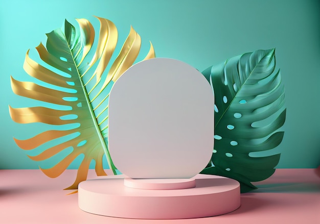 Blank product podium stand with tropical leaf on colorful backgroundin retrowave style Summer trend