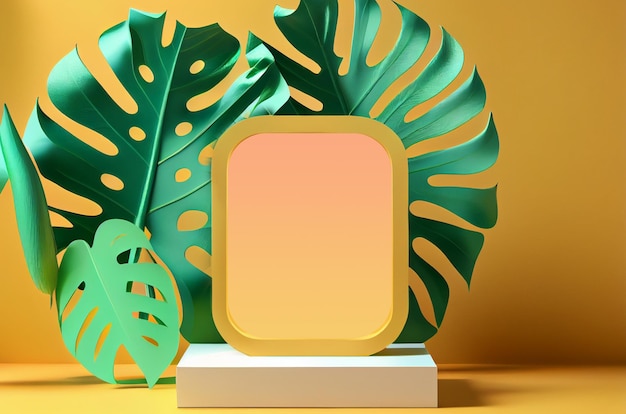 Blank product podium stand with tropical leaf on colorful backgroundin retrowave style Summer trend