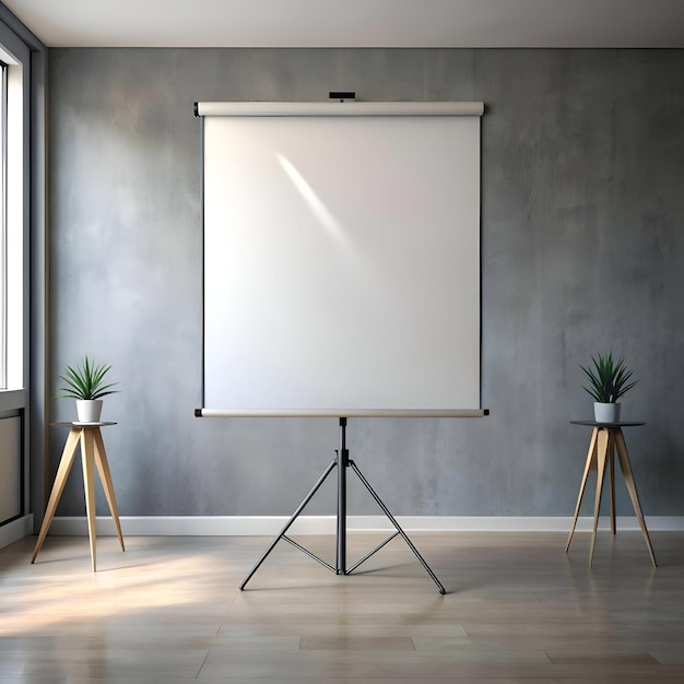 A blank projector screen on a tripod stand in a minimalist room with concrete walls and wooden floors