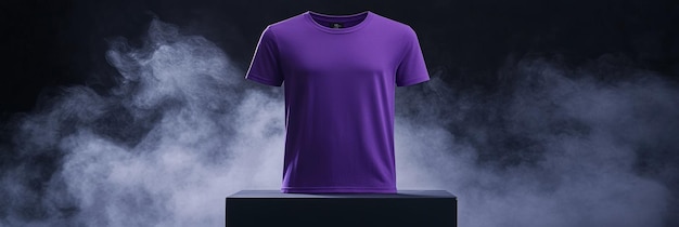 Blank Purple Tshirt Mockup Displayed on a Black Pedestal Against a Moody Smoky Studio Backdrop