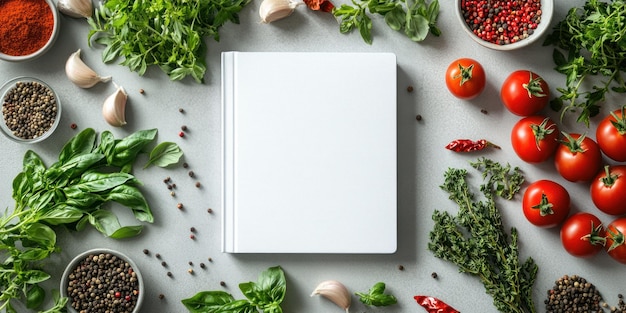 Photo blank recipe book mockup with fresh herbs and spices