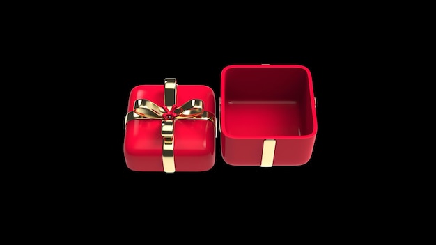 Blank red gift box open or top view preset box with golden ribbon bow 3d render illustration