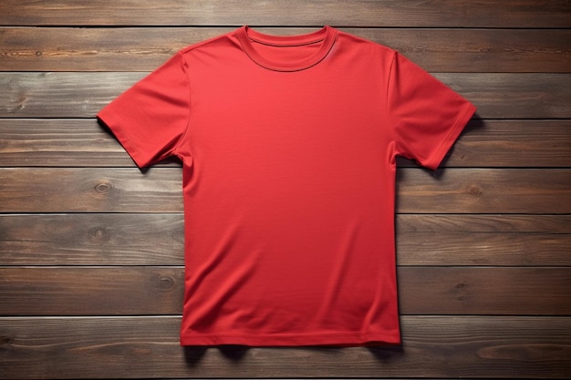 blank Red mens tshirts mockup design template on wooden