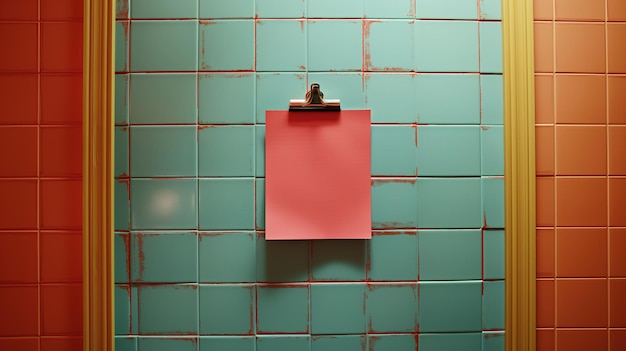 Blank Red Paper on Clip Against Green Tile Wall