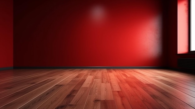 Blank red wall in an empty room with a wooden floor front view