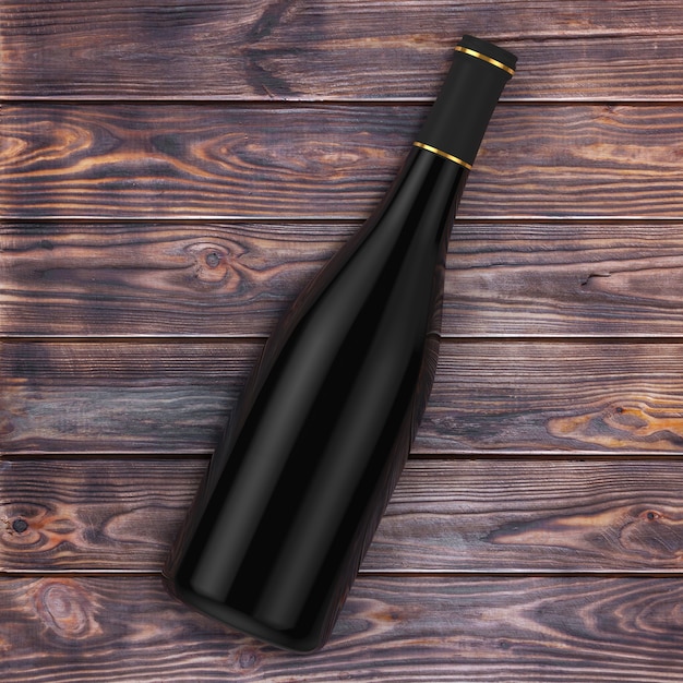 Blank Red Wine Bottle with Free Space for Yours Design over wooden table background. 3d Rendering