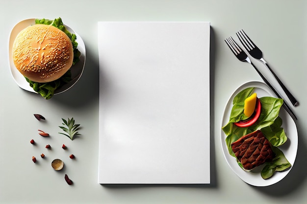 Blank restaurant menu template on light table AI Generated top view