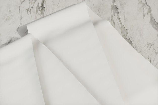 Blank roll of paper on the marble slabmarble background3d rendering