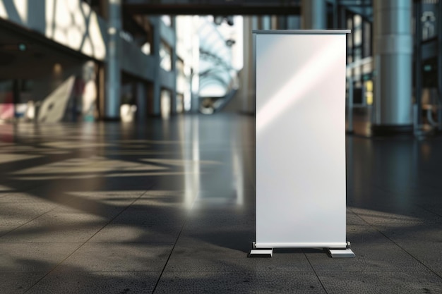 Blank roll up banner stands indoor on a trade show