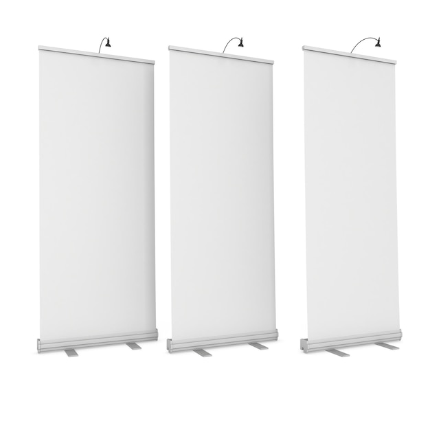 Blank Roll Up Banner Stands with different angles Trade show booth white and blank 3d render