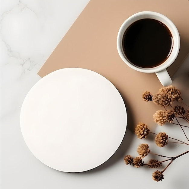 Blank round coaster mockup on a white marble surface with a cup of coffee