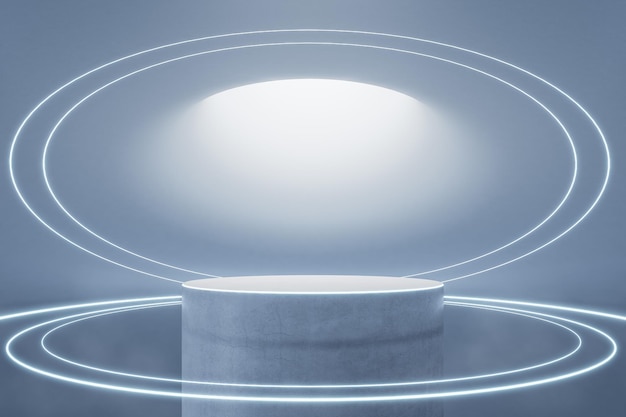 Blank round concrete stage for presentation illuminated by light from top in futuristic style hall