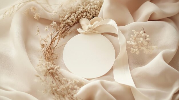 Photo blank round ornament on a soft fabric background surrounded by dried flowers and decorative items