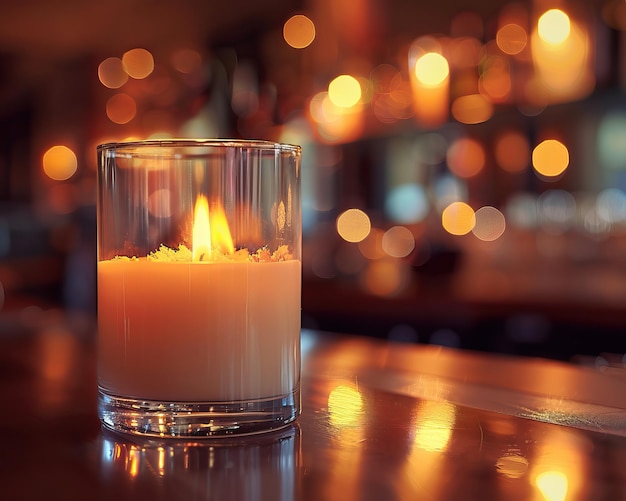 A blank scented candle glass mockup on a chic cocktail bar emitting a warm inviting glow