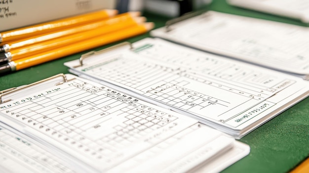 Photo blank scorecards on green table with pencils