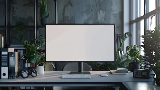 Blank screen on desktop computer minimalist office background natural light professional setup copy space