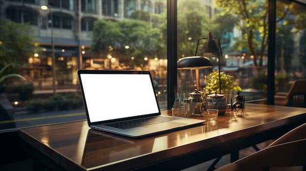 Blank screen laptop computer on office desk Blank screen for product display city down town background Mock up generative ai