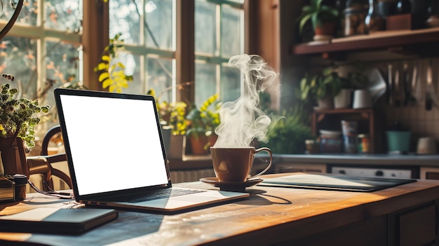 Blank screen laptop computer with coffee mug on wooden desk in kitchen room Copy space Mock up Ai generated