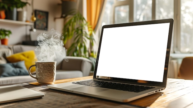 Blank screen laptop computer with coffee mug on wooden desk in living room Mock up AI generated